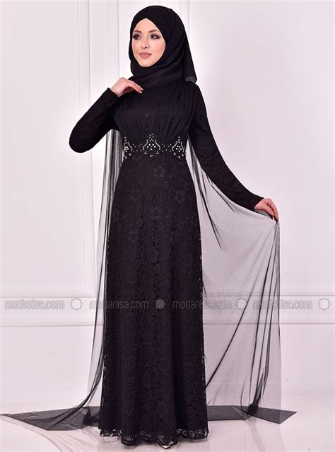 Black Fully Lined Crew Neck Muslim Evening Dress
