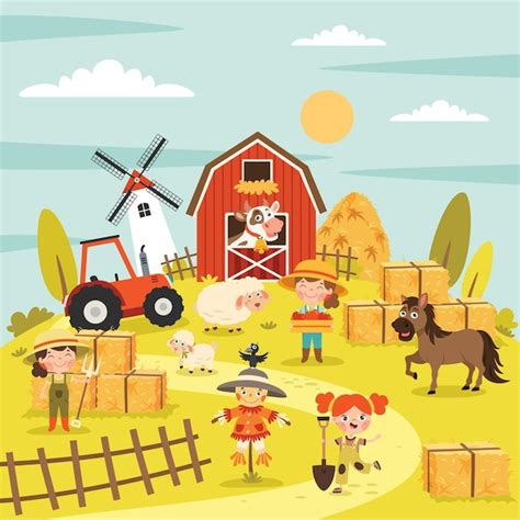 Premium Vector Farm Scene With Cartoon Animals