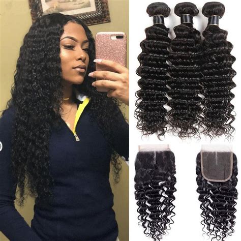 Black Color 100 Brazilian Virgin Hair Deep Wave Bundles With Lace Closure