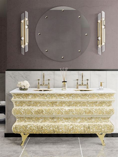 Golden Luxury Bathroom Design With Golden Round Mirror Homes Society