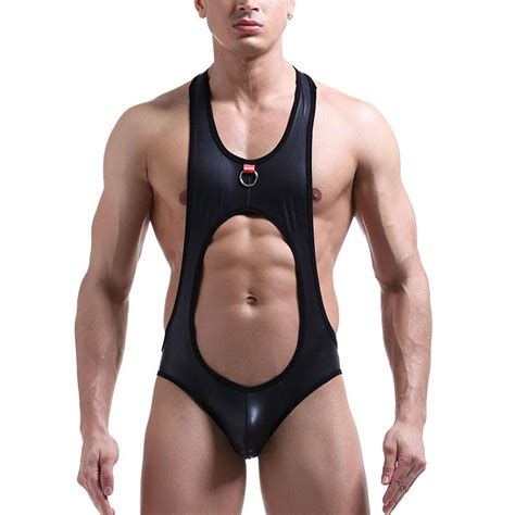 Sexy Mens Faux Leather Bodysuit Boxers Black Jumpsuits Wrestling Singlets Undershirts Lingerie
