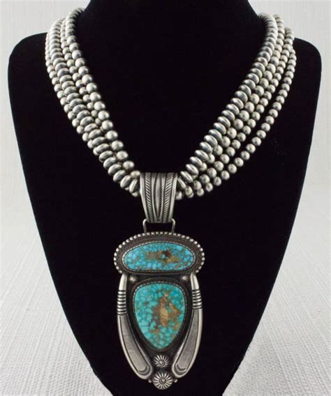 Navajo Strand Sterling Silver Bead Necklace With Natural Birdseye