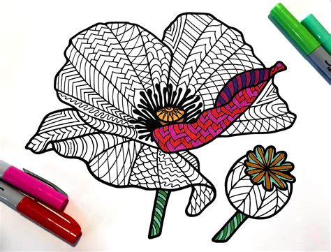 It is better to start with the latter because it is easy to draw and grasp the method. Poppy - PDF Zentangle Coloring Page | Kleurboek