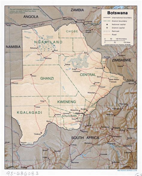 Large Scale Political And Administrative Map Of Botswana With Relief
