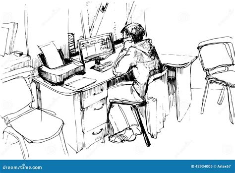Sketch Of A Man In The Office Working On The Computer Stock