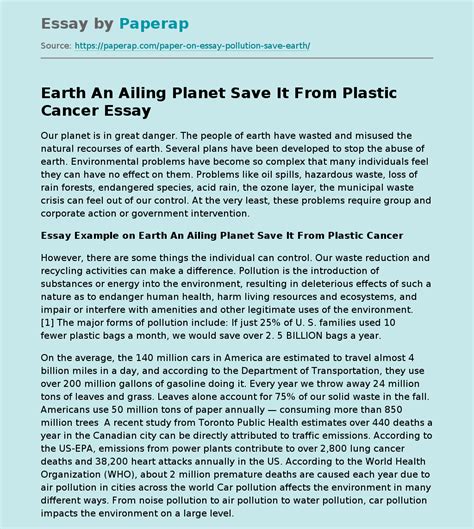 Earth An Ailing Planet Save It From Plastic Cancer Free Essay Example