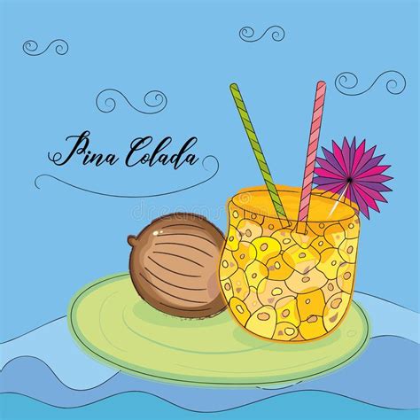 Sketch Of A Pina Colada Drink With Umbrella And Coconut Tropical