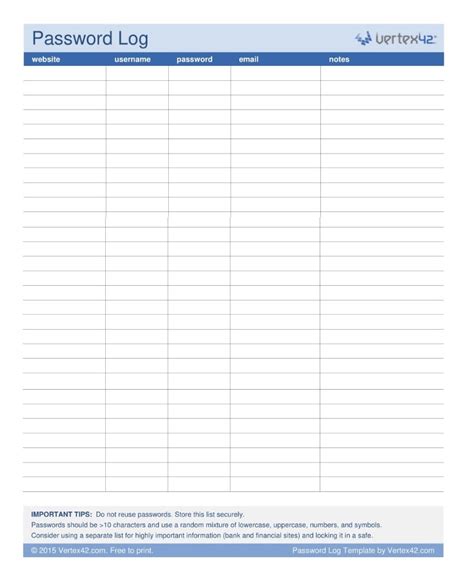 Password Log Templates 4 Free Printable Word Excel And Pdf Formats