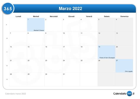 Calendario Marzo 2022