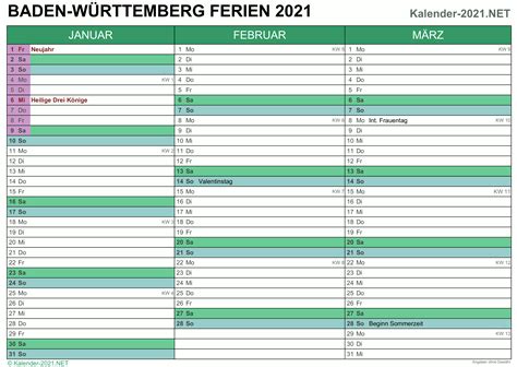 Översiktlig årskalender för 2021, datumen visas per månad inklusive veckonummer. Schulkalender 2021 Ferien Bw 2021 / Sparkassen ...