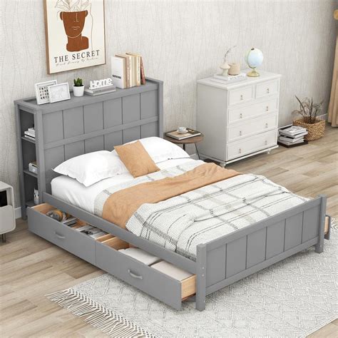 Harper Bright Designs Gray Wood Frame Full Size Platform Bed With 4