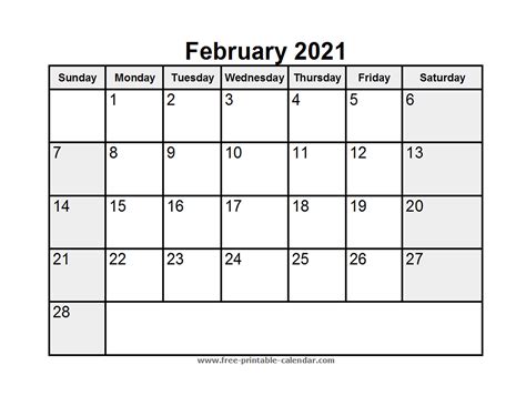 Print the calendar starting the week on monday or sunday. Printable February 2021 Calendar - Free-printable-calendar.com