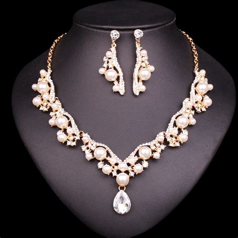 new arrival drop shipping gold color bridal necklace and earrings imitation pearl jewelry sets for