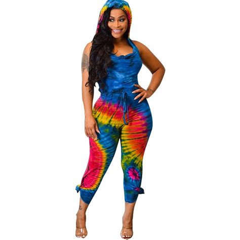 2019 Women Rompers Sleeveless Hooded Sexy Jumpsuit Summer Tie Dye Print Backless Flare Bodycon