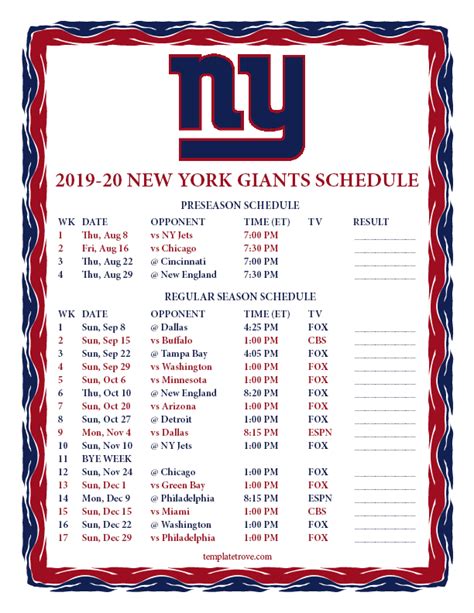 Printable New York Giants Schedule Freeprintabletm Com