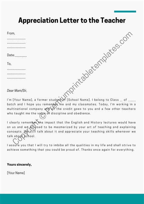 Appreciation Letter To A Teacher Printable Template Pdf And Word Pack Of 5