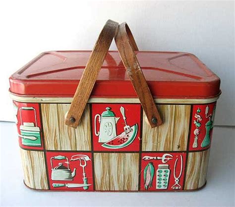 1950s Vintage Tin Picnic Basket Box W Wood Handles Etsy Vintage