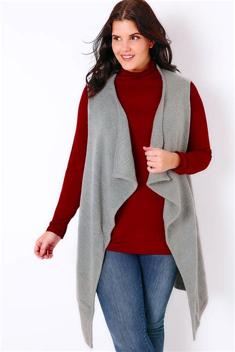 Grey Knitted Sleeveless Waterfall Waistcoat Wrap Plus Size 16 To 32