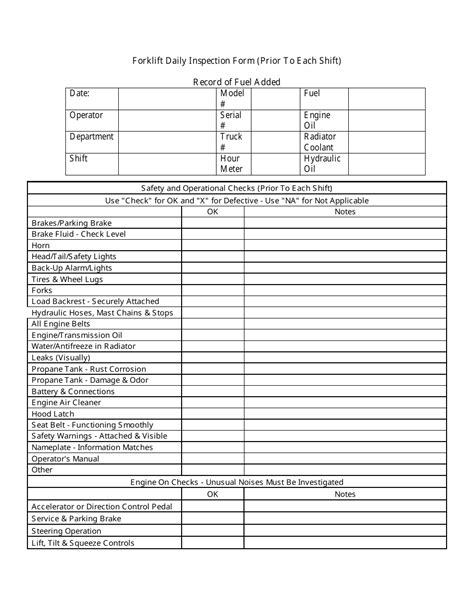 Forklift Daily Inspection Form Prior To Each Shift Fill Out Sign