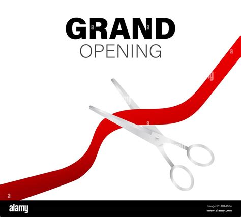 Grand Opening Card With Red Ribbon And Silver Scissors Vector Stock