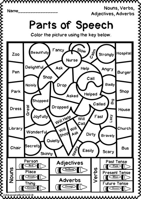 Parts Of Speech Color By Code Grammar Worksheets Nouns Verbs