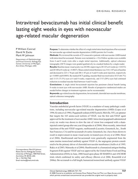Pdf Intravitreal Bevacizumab Has Initial Clinical Benefit Lasting