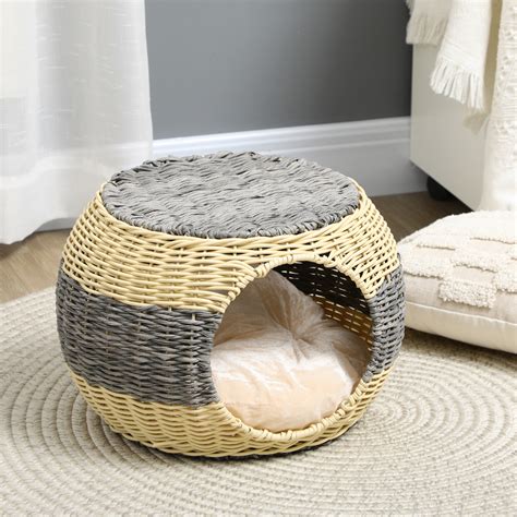 Wicker Cat House Rattan Raised Cat Bed With Soft Cushion