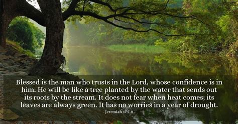 8 for he shall be as a tree planted by the waters, and that spreadeth out her roots by the river, and shall not see when heat. Jeremiah 17:7-8 — Verse of the Day for 03/21/1998