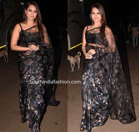 Sonakshi Sinha In A Black Floral Saree South India Fashion