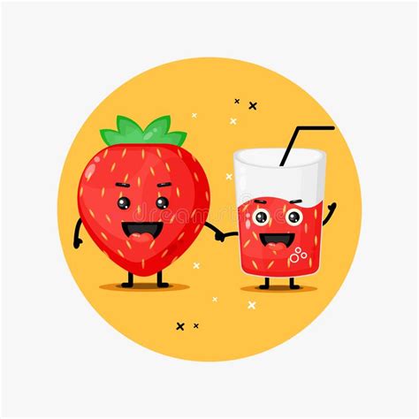 Cute Strawberry And Strawberry Juice Mascot Holding Hands Stock Vector