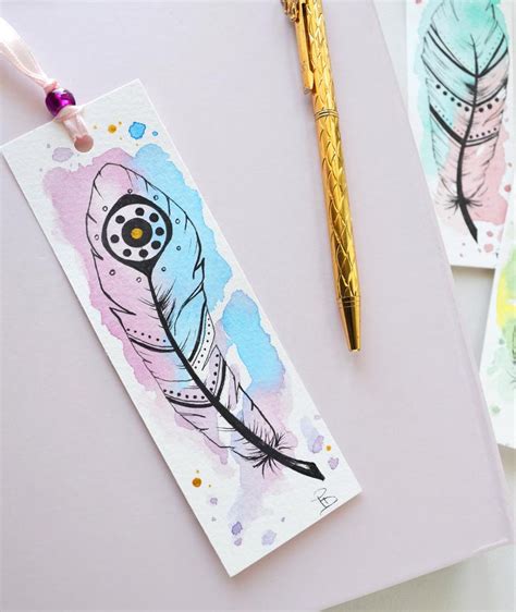 Watercolor Bookmark Feather Watercolor Art Book Lover Gift Reading Stationary Book