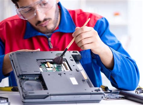 Repairman Working In Technical Support Fixing Computer Laptop Tr Stock