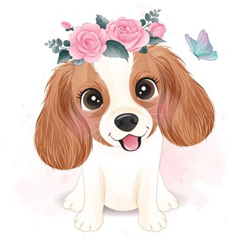Premium Vector Cute Little Cavalier King Charles With Floral