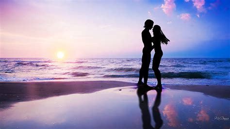 Love On The Beach Warm Romantic Sunset Sky Silhouette Happy Sea