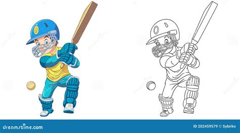 Página De Coloración Con Niños Jugando Al Críquet Ilustración Del
