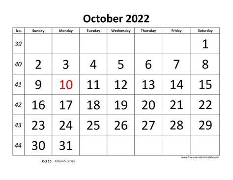 October 2022 Calendar Designed With Large Font Horizontal Free