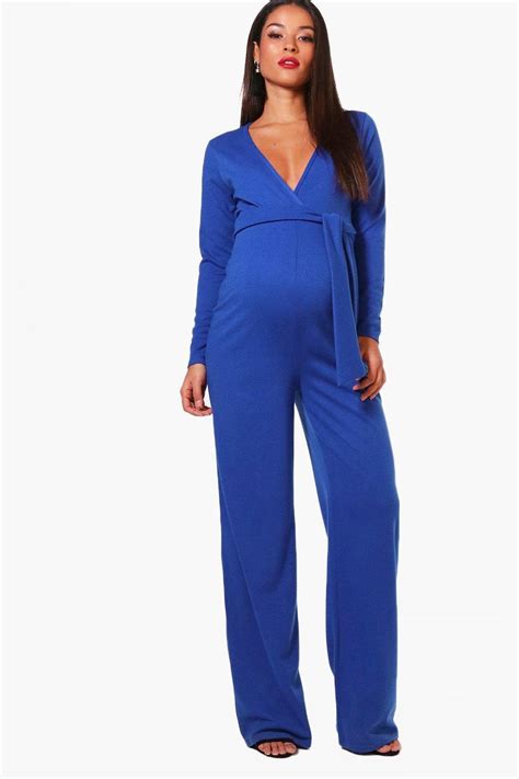 Boohoo Denim Maternity Tie Front Plunge Jumpsuit In Cobalt Blue Lyst