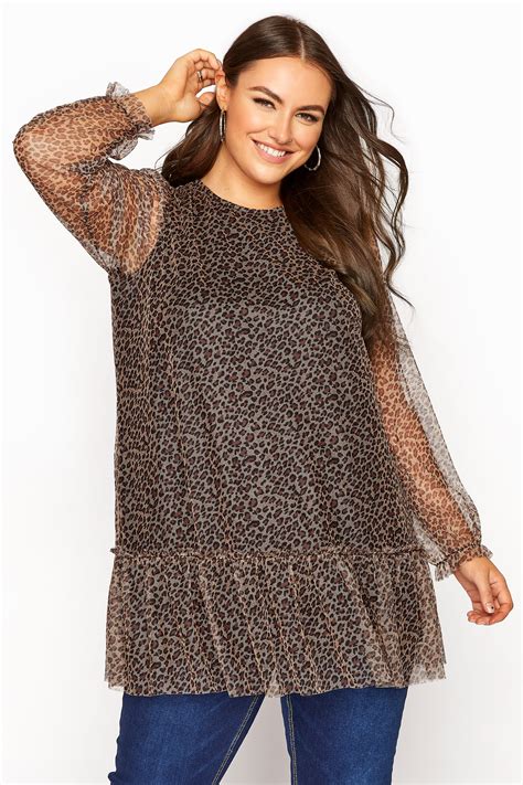 Plus Size Brown Leopard Print Mesh Smock Tunic Top Yours Clothing
