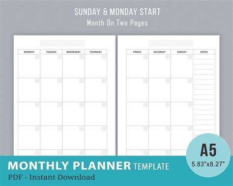 2 Page Monthly Planner Template Calendar Template Printable