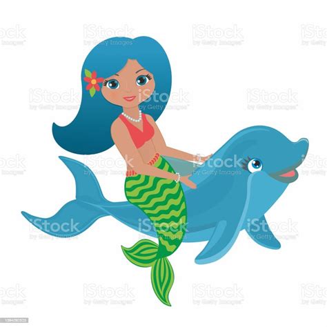 Lovely And Happy Mermaid Riding On Dolphin Calf Fish Vector