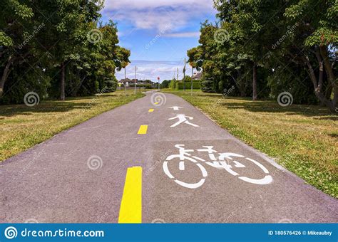 Bike Lane Road Sign Bicycle On Road Sunny Summer Day Stock Photo