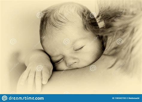 The Newborn Sleeps On His Mother`s Shoulder Stock Image Image Of