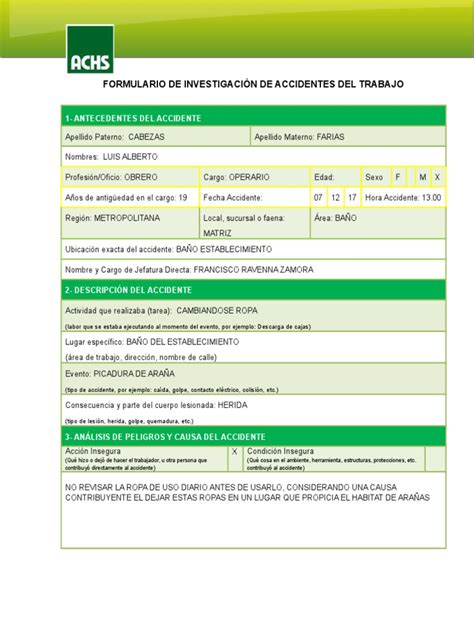 Formulario Investigacion Accidentes Trabajo 2 Luis Cabezas Pdf