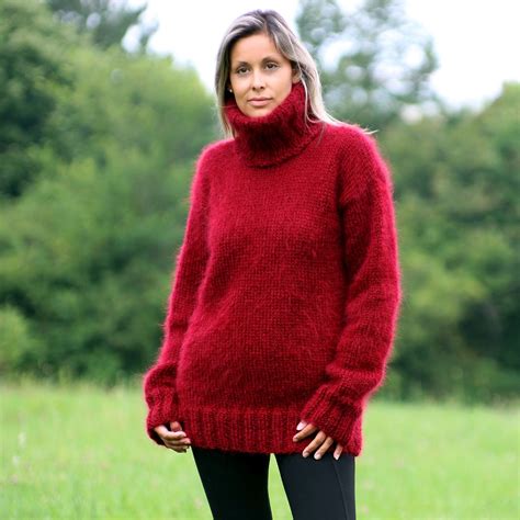 Burgundy Red color hand knit mohair sweater by Extravagantza