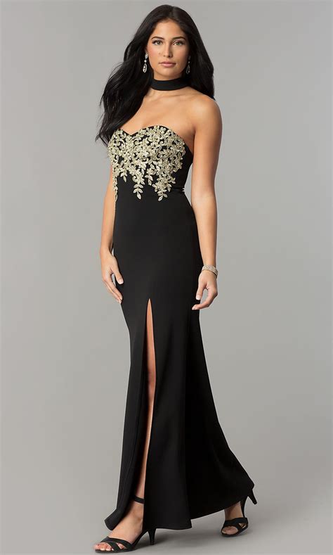 Gold Embroidered Long Black Prom Dress Promgirl