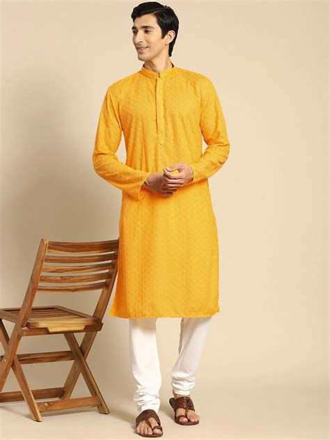Haldi Yellow Geometric Chikankari Embroidered Kurta For Men Online India Color Yellow Sizekurta 40
