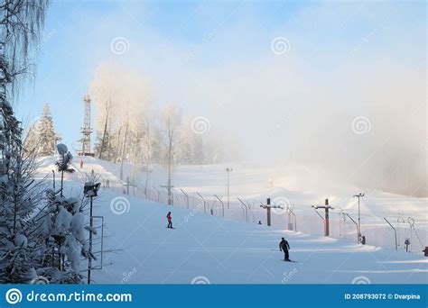 Working Snow Making Machine On Ski Resort Snow Blower In Action Sunny