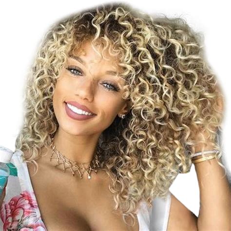 Women Blonde Curly Wigs Afro American Wigs Soft Synthetic Fiber Gold Wavy Wig For Black White