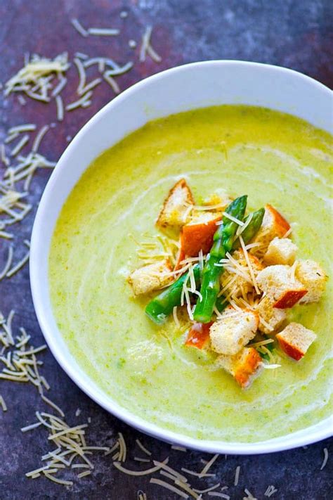 Enjoy the magnificent flavor of warm brie, paired with a savory blend of fresh herbs and toasted nuts. Cream of Asparagus Soup with Parmesan Croutons