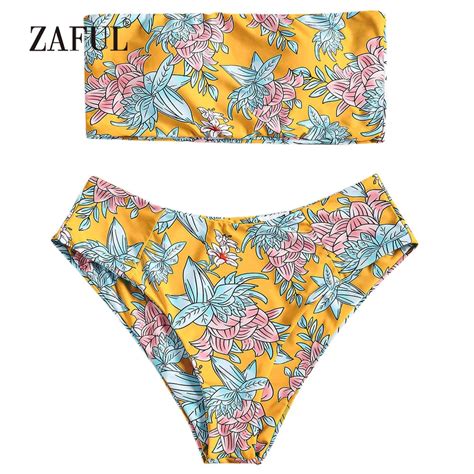 Buy Zaful Bandeau Bikini Floral High Waisted Women Swimsuit Swimwear Sexy